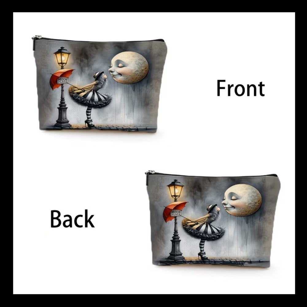 Whimsical Moonlit Girl Cosmetic Pouch - Gray & Black with Red Accent - Picture 3 of 5